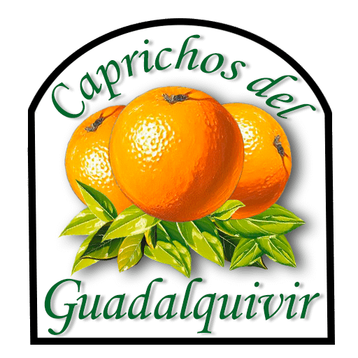 Logo de la empresa, incluye el nombre de la misma "Caprichos del Guadalquivir" y 3 naranjas de alta calidad y origen 100% natural de nuestra tierra